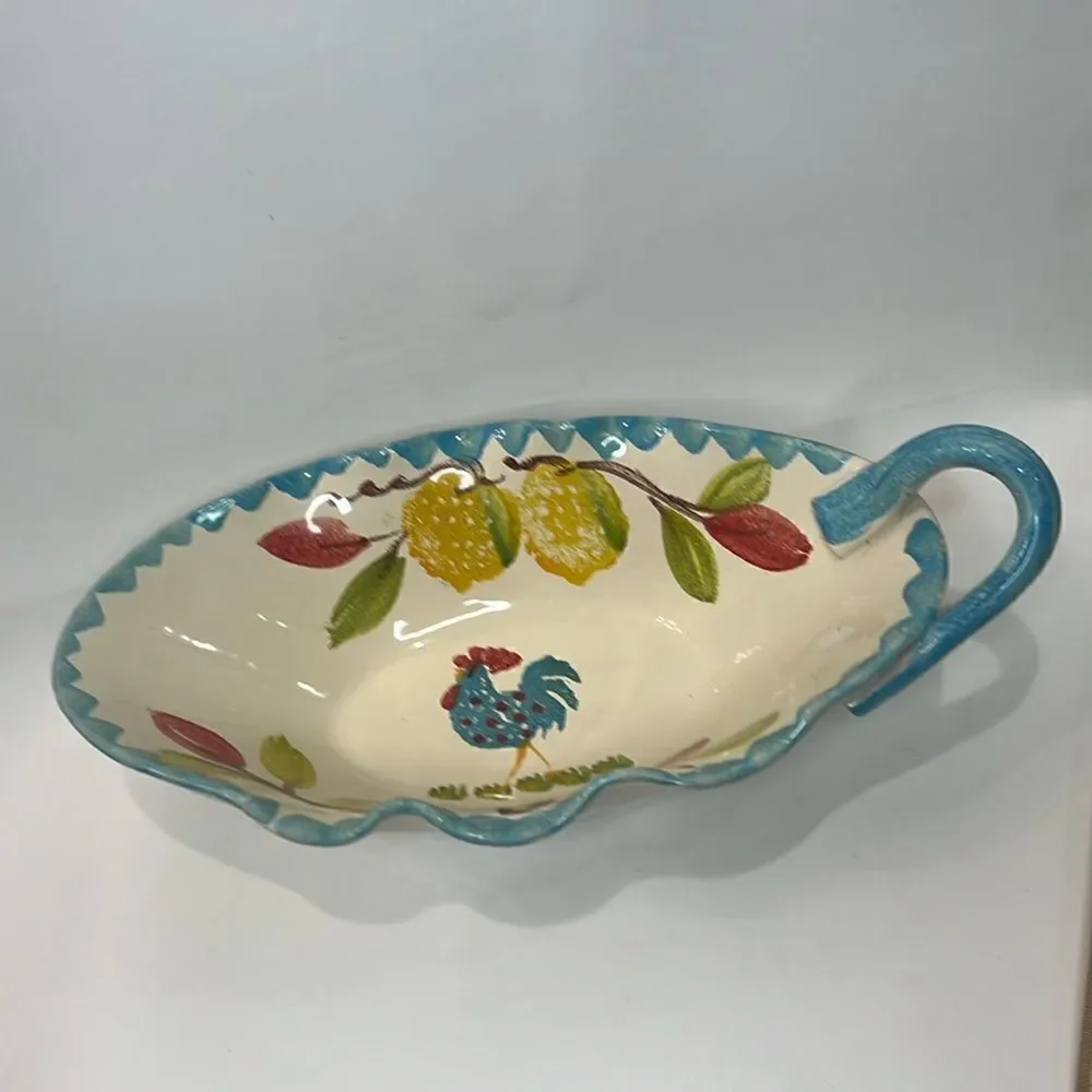 MC Ceramic Michele Favolose Rooster Vinetage Blue Cream Gravy Sauce Serving Boat
